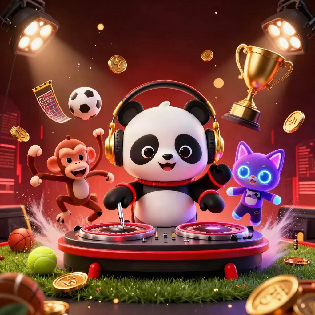 Panda DJ, monyet breakdance, dan kucing rave di latar kasino olahraga neon.