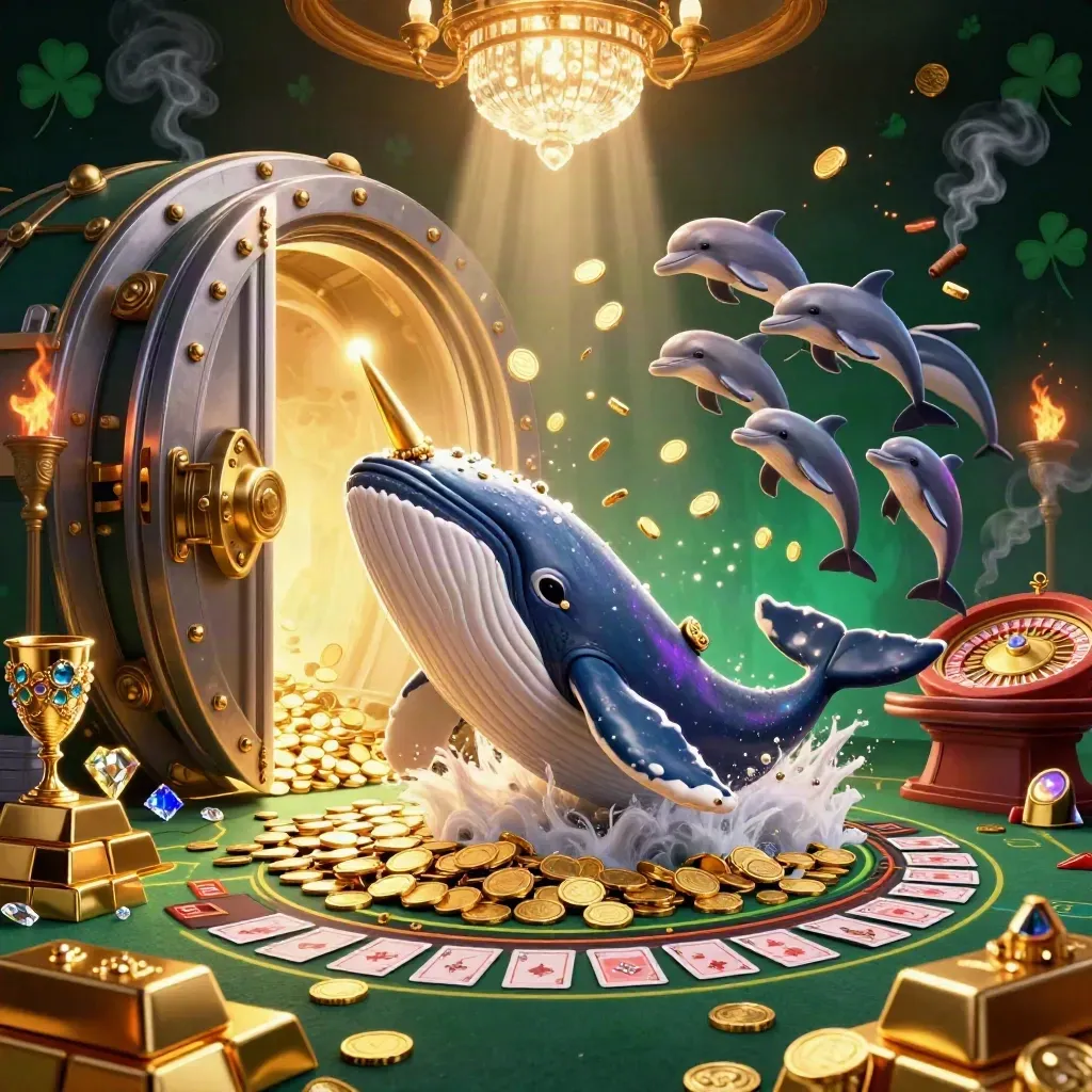 Paus kartun raksasa, narwhal, dan lumba-lumba di ruang kasino emerald-emas berasap.