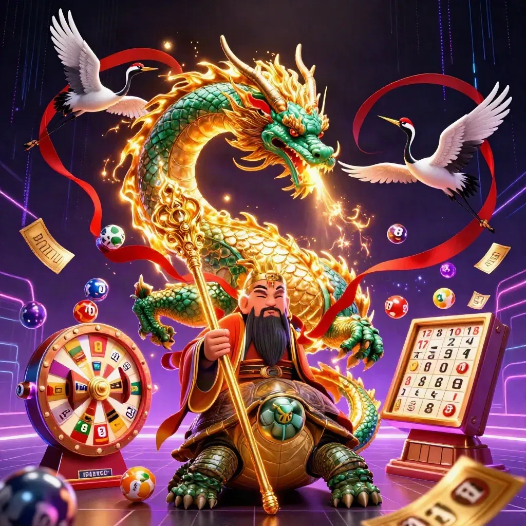 Naga jade, kura bijak, dan bangau di tengah ledakan slot neon emas.