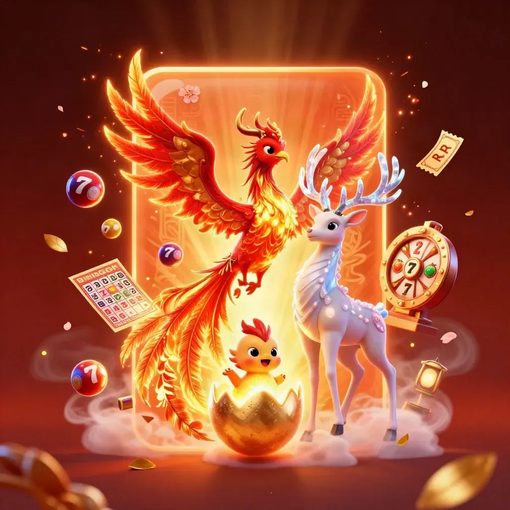 Phoenix, bayi phoenix, dan rusa mistis di antara elemen slot meledak dalam nuansa merah emas.